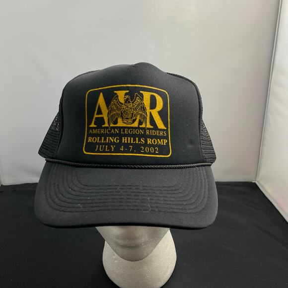 American Legion Riders Trucker Hat Rolling Hills Romp 2002 Cap Black Yellow - Picture 1 of 6